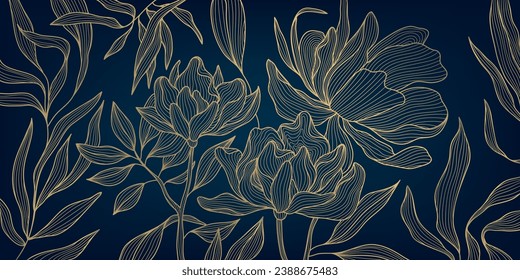 Vector art deco flower pattern background, gold line art, nature floral illustration. Hand drawn wavy plants for packaging, cover, banner, creative post and wall arts. Japanese style