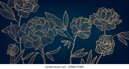 Vector art deco flower pattern background, gold line art, nature floral illustration. Hand drawn wavy plants for packaging, cover, banner, creative post and wall arts. Japanese style