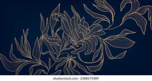 Vector art deco flower pattern background, gold line art, nature floral illustration. Hand drawn wavy plants for packaging, cover, banner, creative post and wall arts. Japanese style