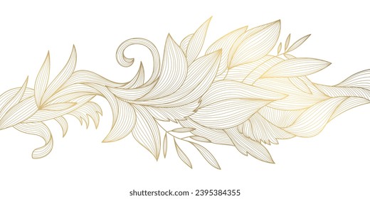Vector art deco flower pattern background, gold line art, nature floral illustration. Hand drawn wavy plants for packaging, cover, banner, creative post and wall arts. Japanese style