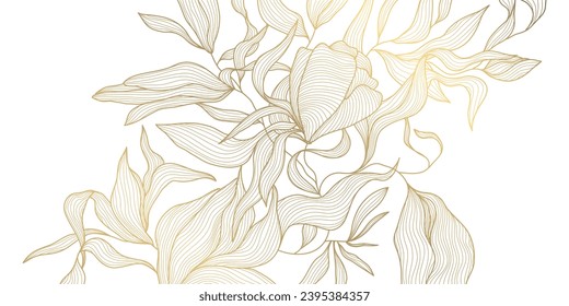 Vector art deco flower pattern background, gold line art, nature floral illustration. Hand drawn wavy plants for packaging, cover, banner, creative post and wall arts. Japanese style