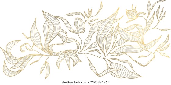 Vector art deco flower pattern background, gold line art, nature floral illustration. Hand drawn wavy plants for packaging, cover, banner, creative post and wall arts. Japanese style