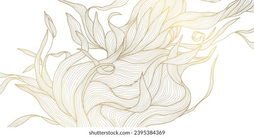 Vector art deco flower pattern background, gold line art, nature floral illustration. Hand drawn wavy plants for packaging, cover, banner, creative post and wall arts. Japanese style