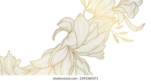 Vector art deco flower pattern background, gold line art, nature floral illustration. Hand drawn wavy plants for packaging, cover, banner, creative post and wall arts. Japanese style