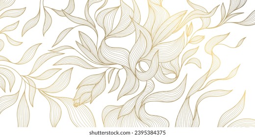 Vector art deco flower pattern background, gold line art, nature floral illustration. Hand drawn wavy plants for packaging, cover, banner, creative post and wall arts. Japanese style