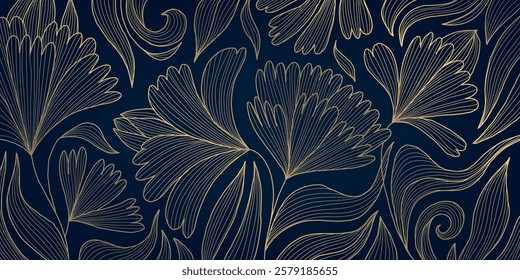 Vector art deco flower pattern, floral gold on blue line leaves background, linear luxury nouveau gatsby illustration, wavy ornament