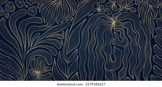 Vector art deco flower pattern, floral gold on blue line leaves background, linear luxury nouveau gatsby illustration, wavy ornament