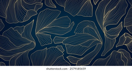 Vector art deco flower pattern, floral gold on blue line leaves background, linear luxury nouveau gatsby illustration, wavy ornament