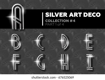 Vector Art Deco Font. Shining Silver Retro Alphabet. Metallic Vintage Letters for Poster, Placard, Flyer, Party, Wedding Invitation, Banner. 