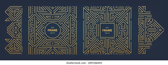 Vector art deco frame, abstract geometric design template for luxury products. Geometric golden background. Linear ornament composition, vintage. Use for packaging, branding, decoration, etc.