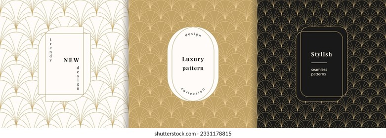 Modalidades geométricas sin soldadura vectorial Art deco con etiquetas minimalistas modernas. ornamento lineal de moda, entramado de líneas curvas, patrón de pavo real. Juego de texturas de oro. Fondos premium. Diseño repetible