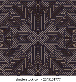 Vector art deco gold black seamless pattern. Geometric line vintage motif with leaves and swirls. Elegant, fancy luxury design for wallpaper print, packaging, wrapping paper, package, wedding gift