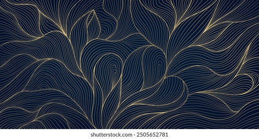 Vector art deco gold leaves pattern, abstract line luxury floral illustration, foliage jungle wavу background. Elegant exotic decor, japanese ornament, palm print