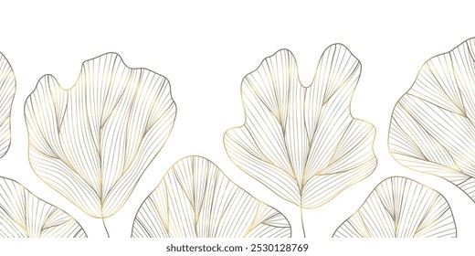 Vector art deco gold leaves pattern, line plant foliage illustration. Vintage luxury tropical ornament, jungle print