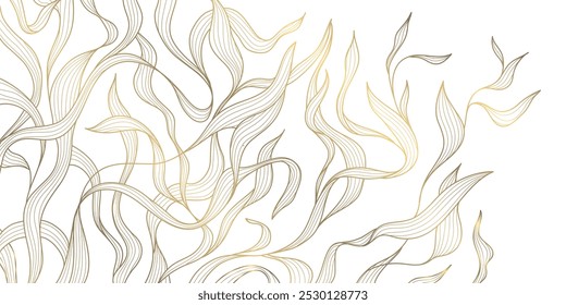 Vector art deco gold leaves pattern, line plant foliage illustration. Vintage luxury tropical ornament, jungle print