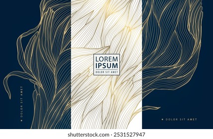 Vector art deco gold leaves pattern, floral abstract texture, vintage nature fancy cards. Nouveau motif, elegant jungle package.