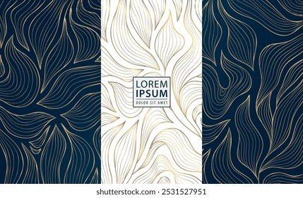 Vector art deco gold leaves pattern, floral abstract texture, vintage nature fancy cards. Nouveau motif, elegant jungle package.