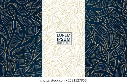 Vector art deco gold leaves pattern, floral abstract texture, vintage nature fancy cards. Nouveau motif, elegant jungle package.
