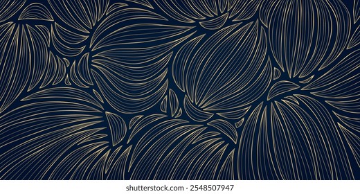 Vector art deco gold leaves background, line modern floral texture pattern, jungle garden fancy wallpaper. Elegant gatsby flowers ornament 