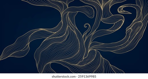 Vector art deco gold line background, luxury wave premium abstract texture, graphic japanese design. Elegant ocean, leaves poster