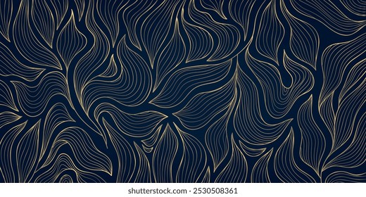 Vector art deco gold on blue leaves pattern, line luxury fancy gatsby background. Japanese style jungle foliage, wavy nouveau texture, plant wallpaper.