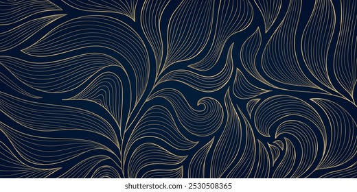 Arte vectorial deco de oro sobre patrón de hojas azules, línea de lujo de lujo de fondo Gatsby. Follaje de la selva de estilo japonés, textura nouveau ondulada, Fondo de pantalla de plantas.