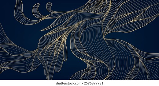 Vector art deco gold on blue floral pattern. Nouveau fancy leaves luxury texture, exotic jungle illustration, elegant japanese wavy wallpaper. 