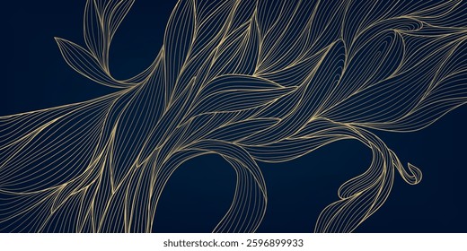 Vector art deco gold on blue floral pattern. Nouveau fancy leaves luxury texture, exotic jungle illustration, elegant japanese wavy wallpaper. 
