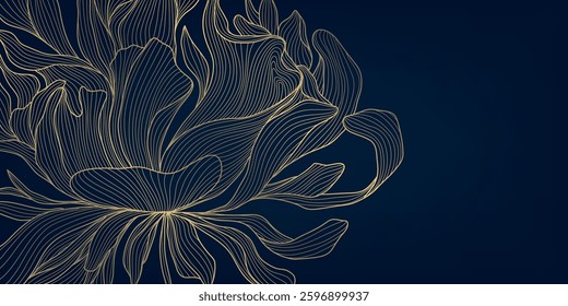 Vector art deco gold on blue floral pattern. Nouveau fancy leaves luxury texture, exotic jungle illustration, elegant japanese wavy wallpaper. 