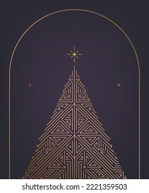 Vector art deco golden Chritmas tree card, line geometric style. Merry Christmas holidays wish greeting card and vintage ornament decoration.