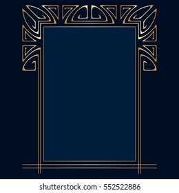 Vector art deco golden frame on blue background.
