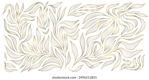 Patrón de hojas de línea dorada de Arte vectorial deco, ilustración ondulada clásica de la naturaleza. Abstractas Fondo de pantalla floral, planta elegante adorno de verano.