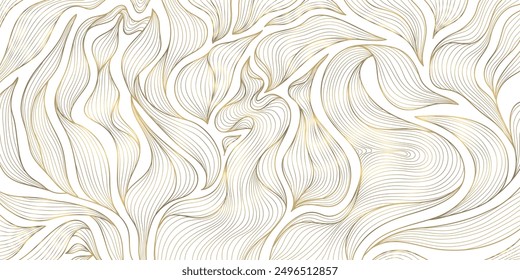 Vector art deco golden line leaves pattern, nature classic wavy illustration. Abstract floral wallpaper, plant elegant summer ornament.