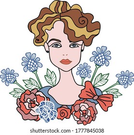 Vector Art deco lady with stylized flower arrangement placement print. Great for invitations, embroidery design and textile design projects.  