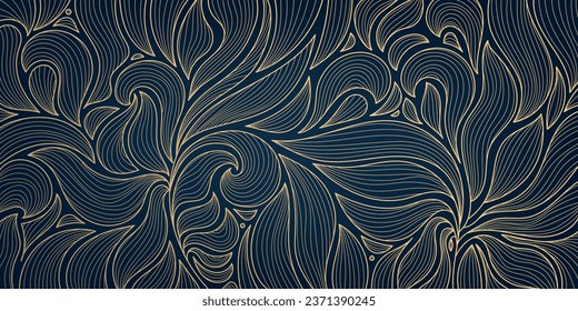 Vector art deco leaf pattern, golden luxury pattern. Wavy fancy design, banner, package, cover, invitation. 