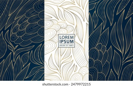 Patrones de hojas de Arte vectorial deco, oro y azul vintage gráfico de la naturaleza. Etiquetas florales, textura de verano del follaje, decoración real de lujo, adorno orgánico tropical.