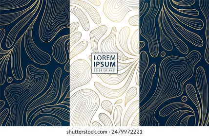 Patrones de hojas de Arte vectorial deco, oro y azul vintage gráfico de la naturaleza. Etiquetas florales, textura de verano del follaje, decoración real de lujo, adorno orgánico tropical.