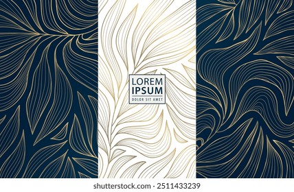 Patrones de hojas de Arte vectorial deco, gráfico de naturaleza vintage dorado y azul. Etiquetas florales, textura de verano de follaje, decoración real de lujo, adorno orgánico tropical.