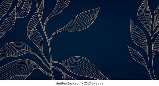 Vector art deco leaves floral pattern, line plant noueveau fancy illustration, luxury gold on blue gradient shiny wavy background. Jungle japanese print