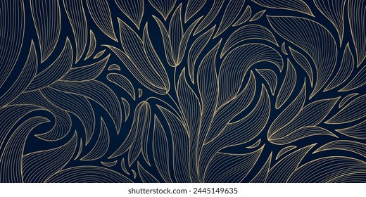 Vector art deco leaves and flowers pattern, gold on blue luxury background, floral plant ornament. Garden decor drawing, interior print, vintage wave outline illustration