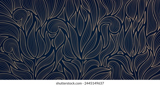 Arte vectorial de hojas de decoración y patrón de flores, oro sobre fondo azul de lujo, adorno de plantas florales. Dibujo de decoración de jardín, impresión interior, ilustración vintage de contorno de onda