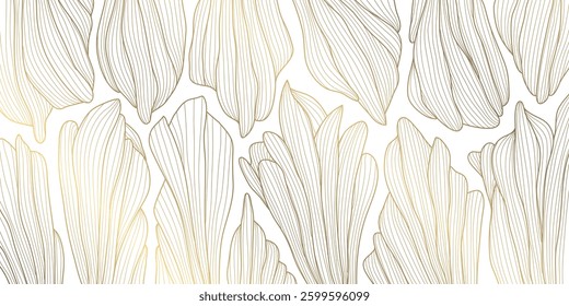 Vector art deco leaves luxury background, elegant vintage fancy floral pattern. Jungle gatsby ornament, line hand drawn wavy nature wallpaper. Baroque illustration