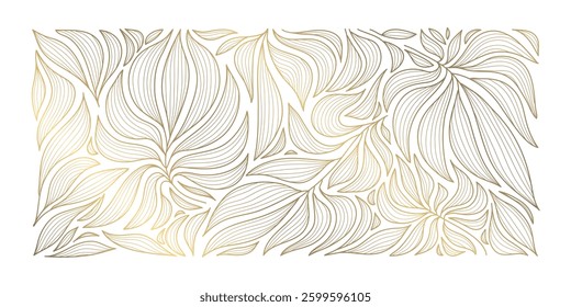 Vector art deco leaves luxury background, elegant vintage fancy floral pattern. Jungle gatsby ornament, line hand drawn wavy nature wallpaper. Baroque illustration