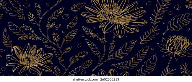 Vector art deco leaves luxury background, elegant vintage fancy floral pattern. Jungle gatsby ornament, line hand drawn wavy nature wallpaper