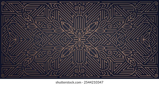 Vector art deco leaves pattern, luxury fancy ornament, prestige floral gatsby background. Gold on black nouveau illustration