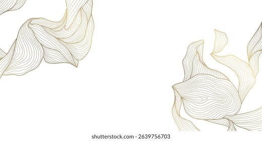 Vector art deco leaves, swirls organic shape frame. Line floral abstract frame, golden corners for decoration. Wedding template, copper ornament, package illustration