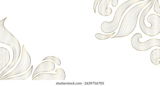 Vector art deco leaves, swirls organic shape frame. Line floral abstract frame, golden corners for decoration. Wedding template, copper ornament, package illustration
