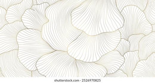 Arte vectorial deco línea patrón de hojas florales. Árbol de jardín japonés, diseño de planta de lujo, dorado sobre blanco. Decoración de follaje de impresión gráfica