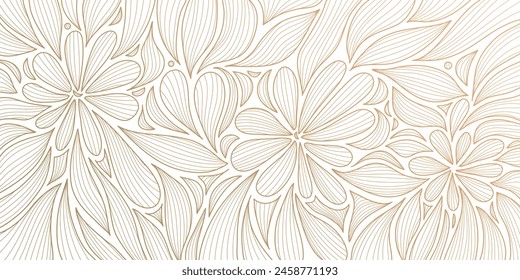 Vector art deco line gold pattern, luxury leaf floral texture, nouveau background. Modern design, jungle ornament, vintage decor element. Fancy nature illustration on white