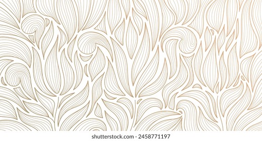 Vector art deco line gold pattern, luxury leaf floral texture, nouveau background. Modern design, jungle ornament, vintage decor element. Fancy nature illustration on white